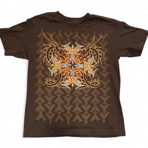 Vintage Archaic Brown Cyber Grunge Y2K Dragon Cross Graphic T-Shirt